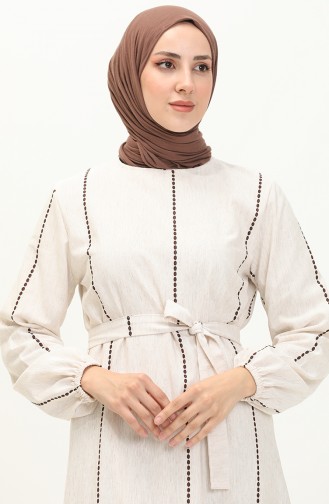 Gemustertes Leinenkleid mit Gürtel 0041-04 Ecru Braun 0041-04