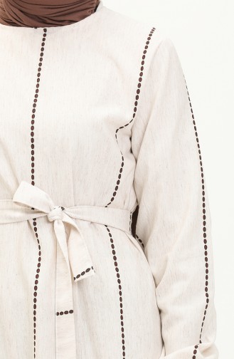 Gemustertes Leinenkleid mit Gürtel 0041-04 Ecru Braun 0041-04
