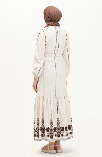 Gemustertes Leinenkleid mit Gürtel 0041-04 Ecru Braun 0041-04