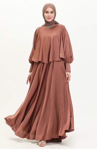فستان سهرة ساتان بتصميم حجر 6051-03  بني 6051-03