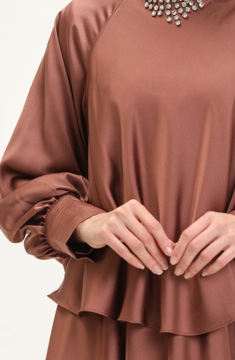 فستان سهرة ساتان بتصميم حجر 6051-03  بني 6051-03