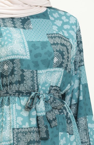 Büyük Beden Desenli Kuşaklı Elbise 0005-01 Mint Yeşili
