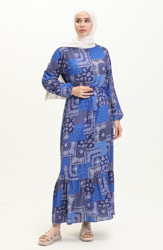 Plus Size Printed Belted Dress 0005-02 Navy Blue 0005-02