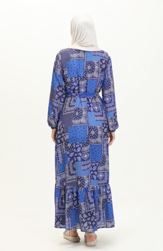 Büyük Beden Desenli Kuşaklı Elbise 0005-02 Lacivert