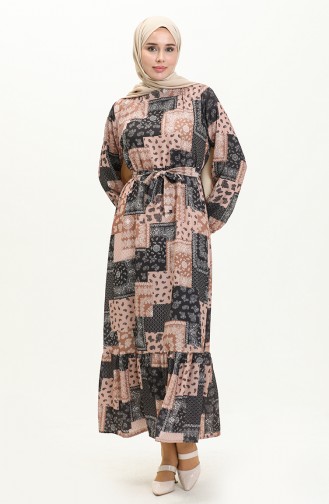 Büyük Beden Desenli Kuşaklı Elbise 0005-03 Siyah