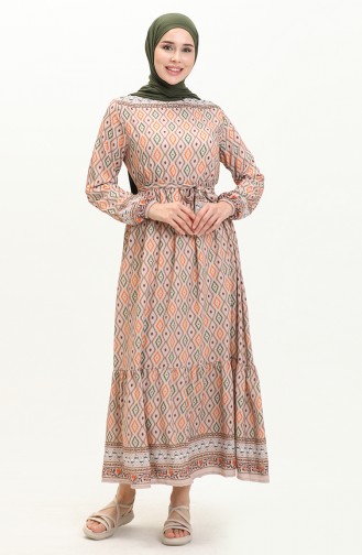 Desenli Kuşaklı Elbise 0006-02 Bej