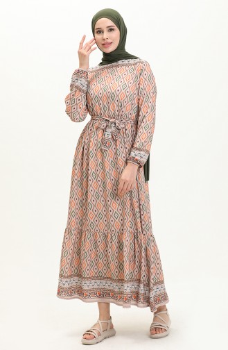 Desenli Kuşaklı Elbise 0006-02 Bej