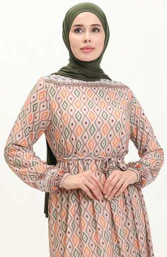 Desenli Kuşaklı Elbise 0006-02 Bej