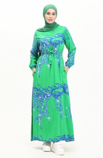 Desenli Kuşaklı Viskon Elbise 0027-02 Yeşil