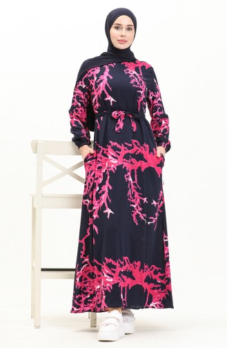 Printed Belted Viscose Dress 0027-03 Dark Navy Blue 0027-03
