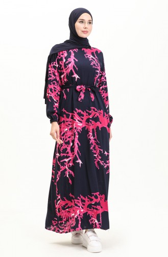 Printed Belted Viscose Dress 0027-03 Dark Navy Blue 0027-03