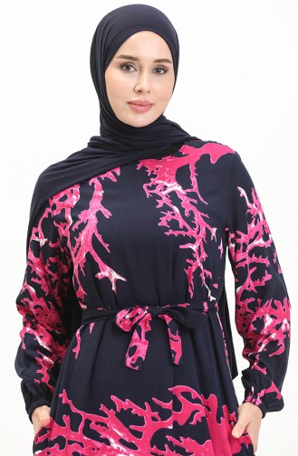 Printed Belted Viscose Dress 0027-03 Dark Navy Blue 0027-03