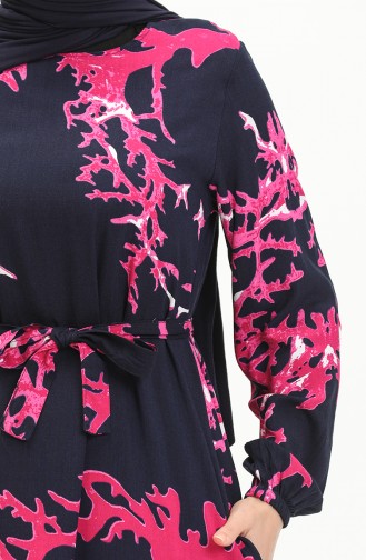 Printed Belted Viscose Dress 0027-03 Dark Navy Blue 0027-03
