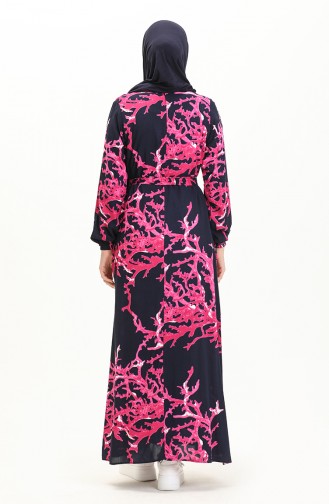 Printed Belted Viscose Dress 0027-03 Dark Navy Blue 0027-03