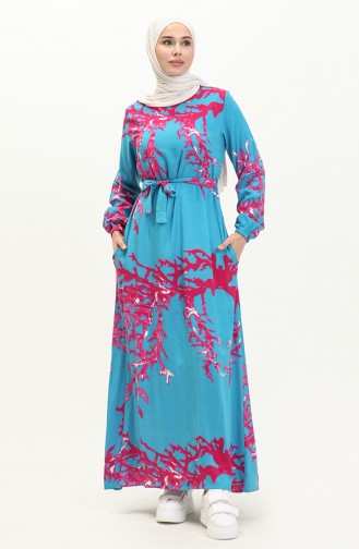 Printed Belted Viscose Dress 0027-04 Turquoise 0027-04