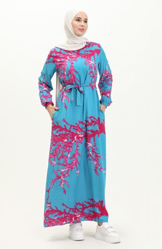 Printed Belted Viscose Dress 0027-04 Turquoise 0027-04