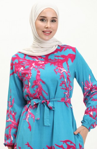 Printed Belted Viscose Dress 0027-04 Turquoise 0027-04