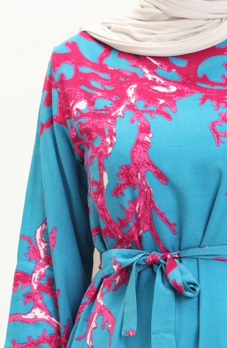 Printed Belted Viscose Dress 0027-04 Turquoise 0027-04