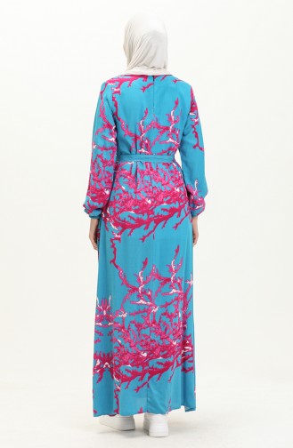 Printed Belted Viscose Dress 0027-04 Turquoise 0027-04