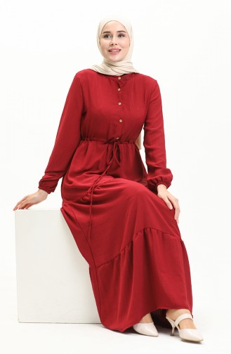 Aerobin Kumaş Beli Büzgülü Elbise 0039-03 Bordo