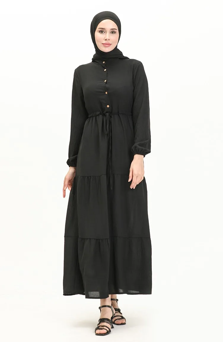 Aerobin Stoff gerafftes Kleid 0039-04 Schwarz 0039-04