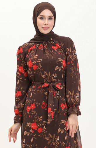 Çiçek Desenli Kuşaklı Elbise 60305-01 Kahverengi