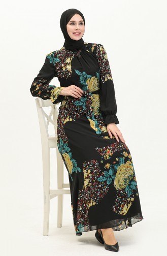 Gemustertes Kleid mit Gürtel 60306-01 Schwarz 60306-01