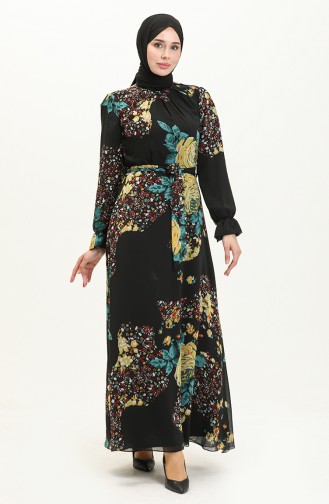 Gemustertes Kleid mit Gürtel 60306-01 Schwarz 60306-01