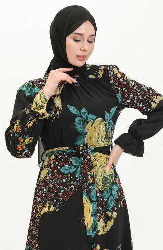 Gemustertes Kleid mit Gürtel 60306-01 Schwarz 60306-01