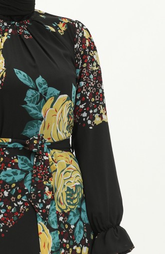 Gemustertes Kleid mit Gürtel 60306-01 Schwarz 60306-01