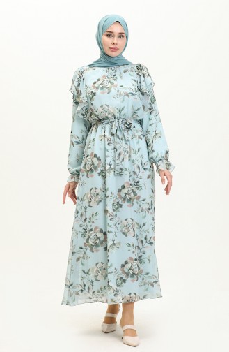 Çiçek Desenli Şifon Elbise 40427-01 Mint Mavi