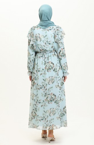 Çiçek Desenli Şifon Elbise 40427-01 Mint Mavi