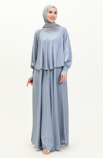 Taşlı Saten Abiye Elbise 6051-02 Mavi