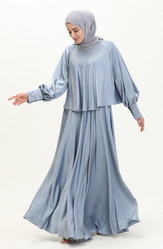 Satin Abendkleid mit Steinen 6051-02 Blau 6051-02