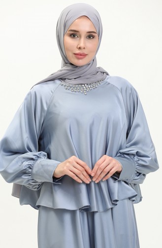 Taşlı Saten Abiye Elbise 6051-02 Mavi