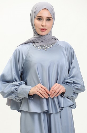 Satin Abendkleid mit Steinen 6051-02 Blau 6051-02