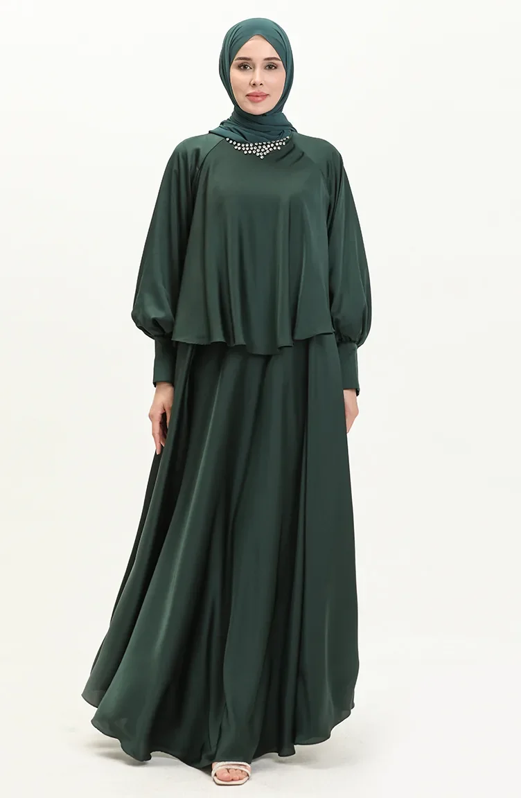 Satin Abendkleid mit Steinen 6051-05 Smaragdgrün 6051-05