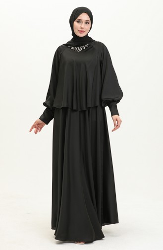 Taşlı Saten Abiye Elbise 6051-06 Siyah