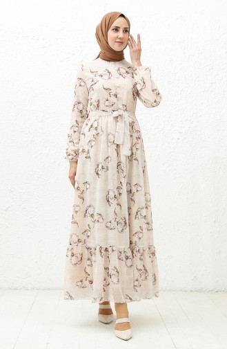 Printed Chiffon Dress 91815-01 Cream Brown 91815-01