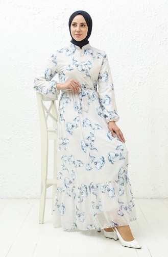 Printed Chiffon Dress 91815-02 Cream Blue 91815-02