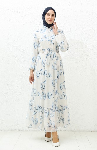 Printed Chiffon Dress 91815-02 Cream Blue 91815-02