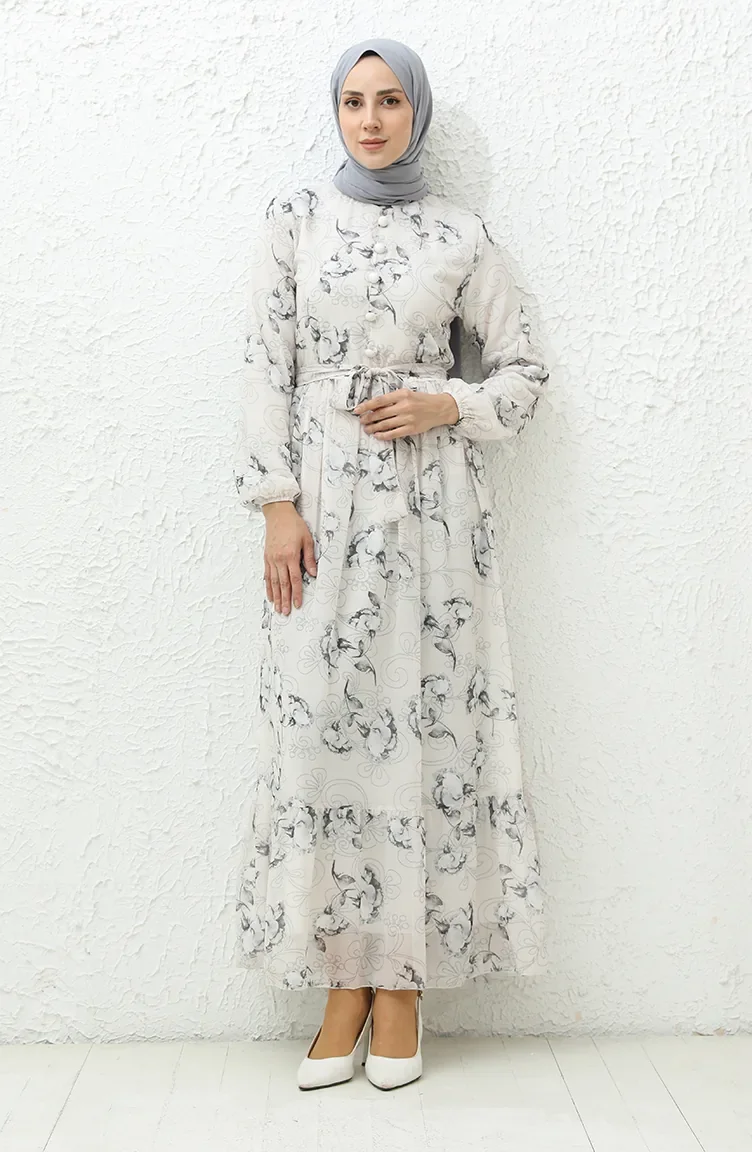Gemustertes Chiffonkleid 91815-03 Creme Schwarz 91815-03