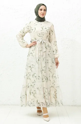Robe en Mousseline à Motifs 91815-04 Crème Vert 91815-04