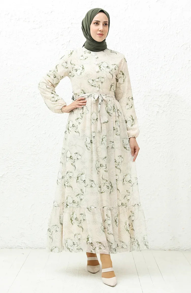 Robe en Mousseline à Motifs 91815-04 Crème Vert 91815-04