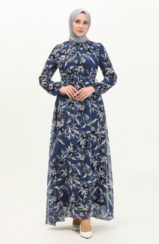 Printed Chiffon Dress 91821-01 Navy Blue 91821-01