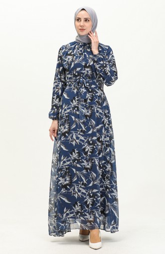 Printed Chiffon Dress 91821-01 Navy Blue 91821-01