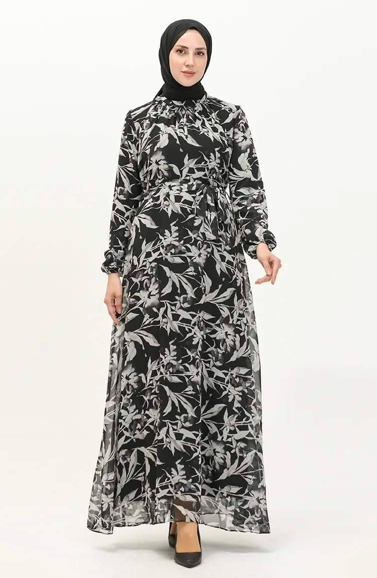 Gemustertes Chiffonkleid 91821-04 Schwarz 91821-04