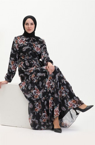 Printed Chiffon Dress 91823-01 Black 91823-01