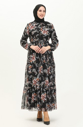 Printed Chiffon Dress 91823-01 Black 91823-01