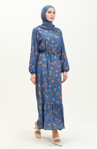 Plus Size Printed Belted Dress 0003-01 Indigo 0003-01